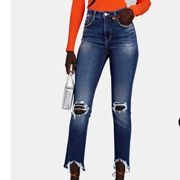 L’Agence Highline High Rise Jeans Med Wash Factory Distressed 28 Sharkbite Hem - Picture 2 of 16